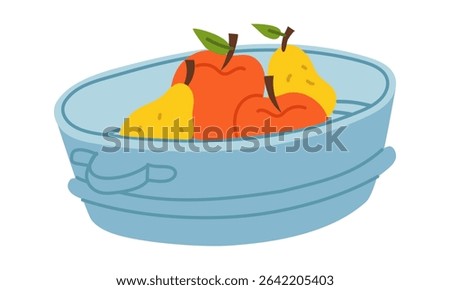iron basin with handles for harvesting, filled with apples, pears. Flat color illustration. It suitable for packaging design, advertising, articles about gardening, farming, healthy eating, harvesting