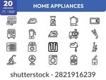 Iron, blender, coffee maker, vacuum mixer, toaster, kettle, sewing machine, fan, washing machine, microwave, dishwasher, and and steam iron for home decor and interior design applications.