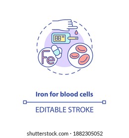 Iron For Blood Cells Concept Icon. Needed Supplement Idea Thin Line Illustration. Blood Production Essential Element. Fe Mineral. Hemoglobin. Vector Isolated Outline RGB Color Drawing. Editable Stroke