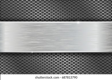 Iron brushed metal texture on perforated background. Vector 3d illustration