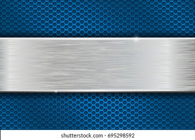 Iron brushed metal texture on blue perforated background. Vector 3d illustration