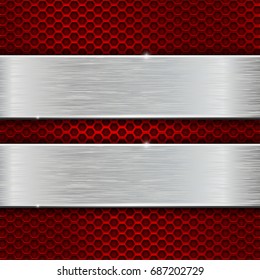 Iron brushed plates on red metal perforated background. Vector 3d illustration
