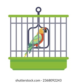 iron cage with cockatoo parrot. flat vector illustration.
