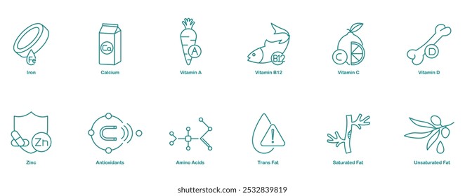 Ferro, Cálcio, Vitaminas A, B12, C, D, Zinco, Antioxidantes, Aminoácidos, Gordura Trans, Gordura Saturada, Gorduras Insaturadas, Calorias, Carboidrato, Proteína, Gorduras, Fibra, Vitaminas, Minerais, Açúcar, ícones