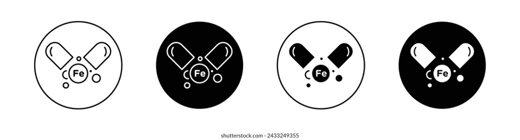 Iron Capsule Icon Set. Fe vitamin and nutrient vector symbol in a black filled and outlined style. Strength in Capsules Sign.