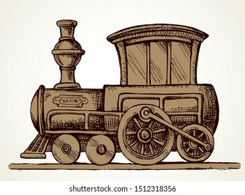 Iron cargo loco truck model on white paper text space. Outline black ink pen hand drawn historic school coal van trip ride object element logo design in ancient art doodle print style. Closeup view