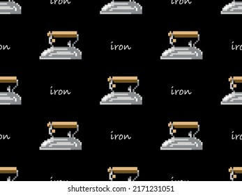 Iron cartoon character seamless pattern on black background. Pixel style