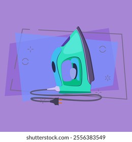 Iron cartoon illustration. Green press iron with cord and plug. Home appliance concept. Vector illustration can be used for topics like housekeeping, laundry, equipment