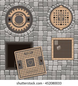 Iron cast hatches on the paving road. Vintage technology objects. All covers can be opened. Vector illustration