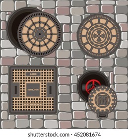 Iron cast hatches on the paving road. Vintage technology objects. Vector illustration