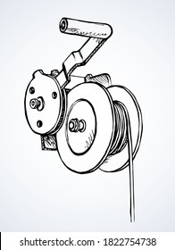 Iron chain belt erect height move build jib set logo on white space for text. Outline black drawn built pull action emblem in art modern doodle cartoon style. Close up strength steel shaft part object