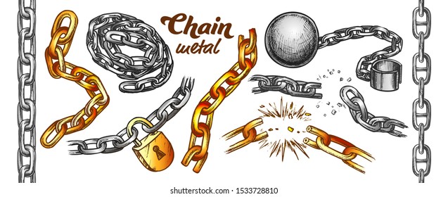Iron Chain Color Set Vector. Assortment Of Heavy Metallic Chain. Steel Tool With Ball And Padlock Engraving Concept Template Hand Drawn In Vintage Style Color Illustrations