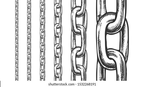 Iron Chain Seamless Pattern In Different Scale Retro Set Vector. Collection Classical Heavy Metallic Chain. Linked Rings Elements Engraving Designed In Vintage Style Monochrome Illustrations