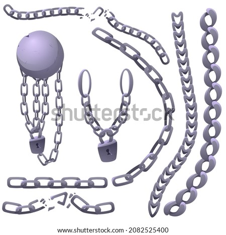 Iron chains, shackles with heavy ball and padlock. Concept of prison, slavery and jail break. Vector cartoon set of handcuff, fetters, broken chains and locks isolated on white background