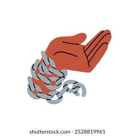 Eisenketten um die Sklavenhand gewickelt. Metallfesseln am Arm. Symbol der Emanzipation von der Sklaverei. Symbol der Unabhängigkeit, Freiheit, Befreiung von der Abhängigkeit. Flache, einzelne Vektorgrafik auf Weiß