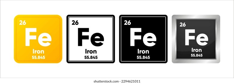 Iron chemical element with 26 atomic number, atomic mass and electronegativity values. Periodic table concept. Logo in four design. Simple black, realistic and color logo. Vector illustration.