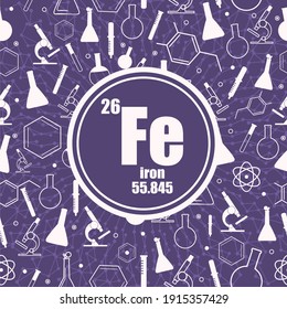 Iron chemical element. Sign with atomic number and atomic weight. Chemical element of periodic table. Connected lines with dots. Circle frame with icons.