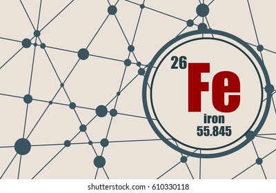 Iron chemical element. Sign with atomic number and atomic weight. Chemical element of periodic table. Molecule And Communication Background. Connected lines with dots.