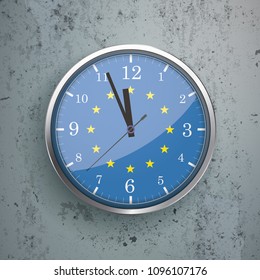 An iron clock with EU Flag on the concrete wall. Eps 10 vector file.