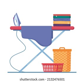 Iron and clothes on ironing board, laundry basket. Ironing clothes. Housekeeping, cleanliness concept. Flat vector illustration