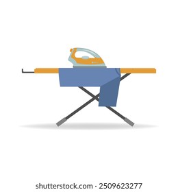 Iron and clothes on an ironing board. Flat vector illustration. Household concept design.