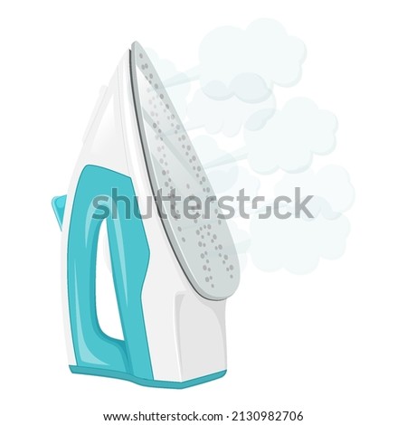 Iron with cloud of steam isolated on white background, flat design vector illustration