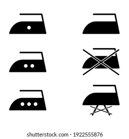 Icono plano negro de colección de hierro aislado en fondo blanco. 3 niveles de temperatura y símbolo de vapor. Ilustración vectorial de máquina.