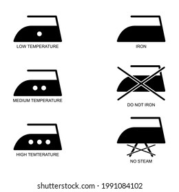 Iron collection black flat icon isolated on white background. 3 temperature levels and steam symbol. Machine vector illustration .