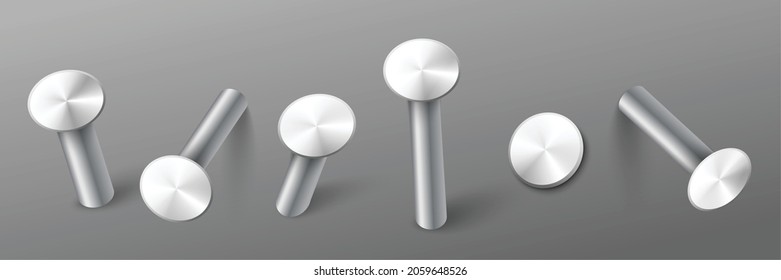 Iron construction nails with flat head collection in various angles of view, realistic vector illustration isolated on grey background. Metal nails or studs.