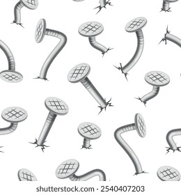 Iron curved hobnails seamless pattern. Repeated hammered bent nails, metal pins, checkered heads, steel elements. Textile, wrapping paper, wallpaper. Print for fabric nowaday vector background