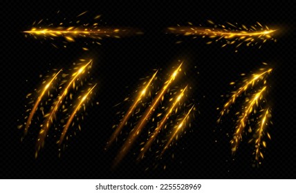 Iron cut effect with fire sparks and light lines. Abstract yellow tracks with sparkles of metal welding, grinder or steel cut isolated on transparent background, vector realistic illustration