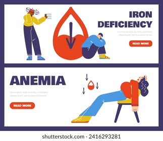 Iron deficiency anemia diagnosis symptom medical landing page set. Sick people feels unwell, dizziness, suffers from vertigo and headache and needs medical help. Vector cartoon illustration