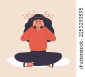 Iron deficiency anemia. Sad woman with dizziness sitting on floor. Unhappy girl suffers from vertigo and headache and needs medical help. Low hemoglobin. Vector illustration in flat cartoon style.
