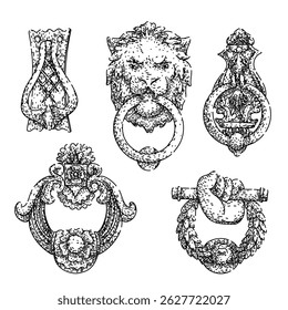 iron door knocker set hand drawn. ornate traditional, handcrafted unique, heavy durable iron door knocker vector sketch. isolated black illustration