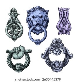 iron door knocker set hand drawn. ornate traditional, handcrafted unique, heavy durable iron door knocker vector sketch. isolated color illustration