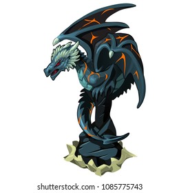 Iron dragon statue on pedestal isolated on a white background. Vector cartoon close-up illustration.