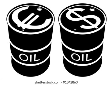 Iron drums of petroleum products and images on them currency symbols. Black and white illustration.