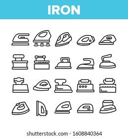 Iron Electrical Tool Collection Icons Set Vector Thin Line. Vintage And Modern Iron Device Appliance For Ironing Clothes, Concept Linear Pictograms. Monochrome Contour Illustrations