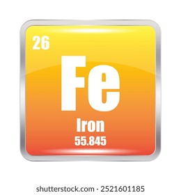 Iron element icon. Fe symbol focus. Atomic number 26. Mass 55.845.