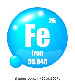 Símbolo de elemento de hierro. Abreviatura Fe. Número atómico 26. Masa atómica 55.845.