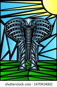 Iron Elephant, front view, mosaic elements sun and sky. Vector Illustration.