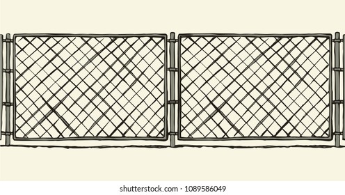 Iron enclose detain chainlink framework hedge bar section element on white sky backdrop. Black line hand drawn design logo sign sketch in modern art doodle style. Close up view with space for text