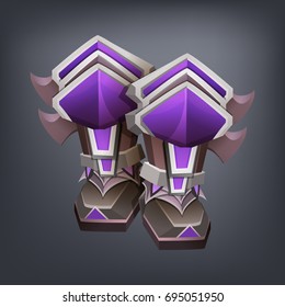 Iron fantasy armor boots for game or cards. Vector illustration.