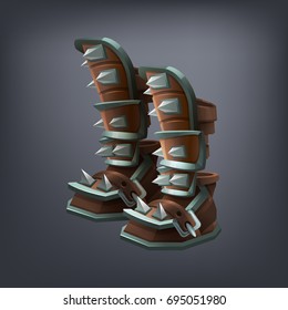 Iron fantasy armor boots for game or cards. Vector illustration.