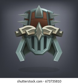 Iron fantasy armor helmet for game or cards. Vector illustration.