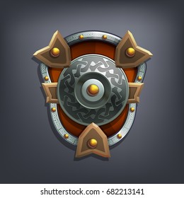 Iron fantasy shield for game or cards. Vector illustration.