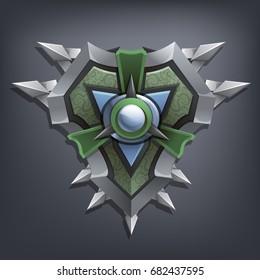 Iron fantasy shield for game or cards. Vector illustration.