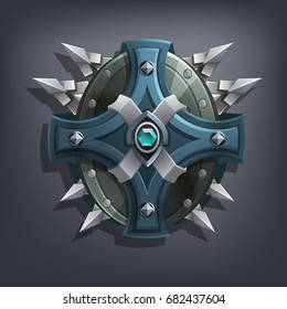 Iron fantasy shield for game or cards. Vector illustration.