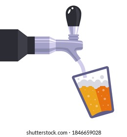 iron faucet pours beer drink into a glass. flat vector illustration isolated on white background.