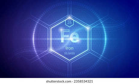 Iron (Fe) (026) Transition Metal - Fundamental Element Futuristic Neon Light Glow Hexagon Block Grid Background Design - Periodic Table, Chemical Symbol, Name, Atomic Mass, Atomic Number